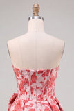 Corsé sin tirantes rojo Jacquard Vestido floral de bienvenida con lazo