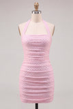 Vestido corto corto de bienvenida rosa con escote halter, bodycon fruncido y abalorios