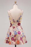 Vestido corto de bienvenida de bienvenida de flores fucsia con escote en V y cuello en V
