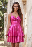 Vestido corto de bienvenida a casa de finos metálico de tirantes finos de línea A dorado