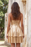 Vestido corto de bienvenida a casa de finos metálico de tirantes finos de línea A dorado