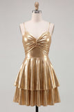 Vestido corto de bienvenida a casa de finos metálico de tirantes finos de línea A dorado