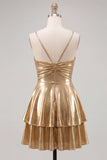Vestido corto de bienvenida a casa de finos metálico de tirantes finos de línea A dorado