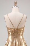Vestido corto de bienvenida a casa de finos metálico de tirantes finos de línea A dorado