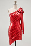 Vestido rojo de bienvenida corto, metálico fruncido, asimétrico, con lazo