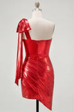 Vestido rojo de bienvenida corto, metálico fruncido, asimétrico, con lazo