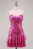 Vestido corto de bienvenida Sweetheart Fuchsia Fuchsia A-Line metálico de franzas