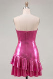 Vestido corto de bienvenida Sweetheart Fuchsia Fuchsia A-Line metálico de franzas