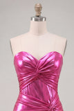 Vestido corto de bienvenida Sweetheart Fuchsia Fuchsia A-Line metálico de franzas