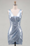 Vestido de bienvenida corto ajustado y ajustado de escote en V azul cielo metálico