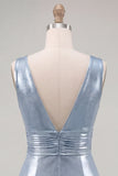 Vestido de bienvenida corto ajustado y ajustado de escote en V azul cielo metálico