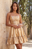 Vestido corto de bienvenida a casa, de línea A metálica metálico dorado, sin tirantes y volantes