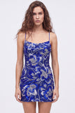Vestido de bienvenida a casa con tirantes finos azul bodycon, tirantes finos con cuentas y encaje en la espalda