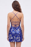 Vestido de bienvenida a casa con tirantes finos azul bodycon, tirantes finos con cuentas y encaje en la espalda