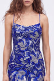 Vestido de bienvenida a casa con tirantes finos azul bodycon, tirantes finos con cuentas y encaje en la espalda