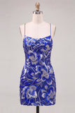 Vestido de bienvenida a casa con tirantes finos azul bodycon, tirantes finos con cuentas y encaje en la espalda