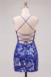 Vestido de bienvenida a casa con tirantes finos azul bodycon, tirantes finos con cuentas y encaje en la espalda