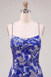 Vestido de bienvenida a casa con tirantes finos azul bodycon, tirantes finos con cuentas y encaje en la espalda