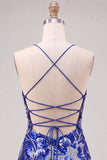 Vestido de bienvenida a casa con tirantes finos azul bodycon, tirantes finos con cuentas y encaje en la espalda