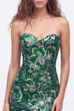 Vestido corto de bienvenida con lentejuelas verdes sin tirantes y encaje en la espalda