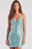 Vestido de bienvenida de bienvenida con lentejuelas bodycon verde brillante, tirantes finos, cordones