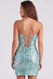 Vestido de bienvenida de bienvenida con lentejuelas bodycon verde brillante, tirantes finos, cordones