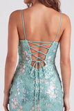 Vestido de bienvenida de bienvenida con lentejuelas bodycon verde brillante, tirantes finos, cordones