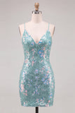 Vestido de bienvenida de bienvenida con lentejuelas bodycon verde brillante, tirantes finos, cordones