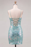 Vestido de bienvenida de bienvenida con lentejuelas bodycon verde brillante, tirantes finos, cordones