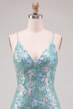 Vestido de bienvenida de bienvenida con lentejuelas bodycon verde brillante, tirantes finos, cordones