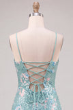 Vestido de bienvenida de bienvenida con lentejuelas bodycon verde brillante, tirantes finos, cordones