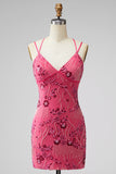 Vestido corto floral floral de bienvenida fucsia bodycon encaje en la espalda con lentejuelas