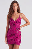 Vestido corto floral floral de bienvenida fucsia bodycon encaje en la espalda con lentejuelas