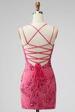 Vestido corto floral floral de bienvenida fucsia bodycon encaje en la espalda con lentejuelas