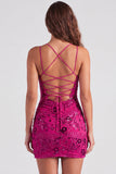 Vestido corto floral floral de bienvenida fucsia bodycon encaje en la espalda con lentejuelas