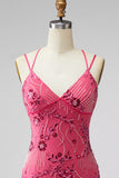 Vestido corto floral floral de bienvenida fucsia bodycon encaje en la espalda con lentejuelas