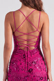 Vestido corto floral floral de bienvenida fucsia bodycon encaje en la espalda con lentejuelas