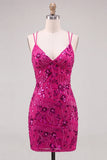 Vestido corto floral floral de bienvenida fucsia bodycon encaje en la espalda con lentejuelas