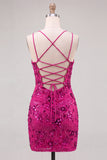 Vestido corto floral floral de bienvenida fucsia bodycon encaje en la espalda con lentejuelas