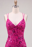 Vestido corto floral floral de bienvenida fucsia bodycon encaje en la espalda con lentejuelas