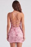 Vestido corto floral floral de bienvenida fucsia bodycon encaje en la espalda con lentejuelas