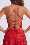 Lentejuelas rojas de línea A, encaje en la espalda Tirantes finos, vestido corto de los 80