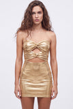 Vestido de bienvenida de los 80 de los años 80 con cordón metálico dorado bodycon bodycon ojo de cerradura