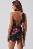 Vestido corto corto de bienvenida con flores de marfil sin tirantes con encaje recogido en la espalda