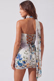Vestido corto corto de bienvenida con flores de marfil sin tirantes con encaje recogido en la espalda
