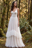 Vestido largo de novia de tirantes finos con volantes en línea A de marfil