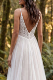 Vestido largo de novia de tirantes finos con volantes en línea A de marfil