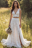 Vestido largo de novia de 2 piezas, línea A de dos piezas, encaje en pico, con abertura