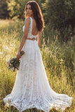 Vestido largo de novia de 2 piezas, línea A de dos piezas, encaje en pico, con abertura
