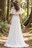 Vestido de novia largo de tul largo en línea marfil con hombros descubiertos